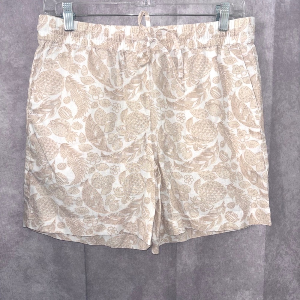 NWT Talbots Beige Tropical Leaf Linen Cotton Elastic Waist Shorts Women PMedium